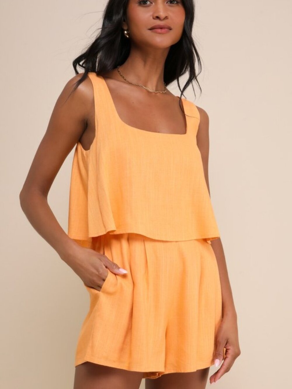 Lulus Effortless Escape Light Orange Linen Sleeveless Flounce Romper - Size M